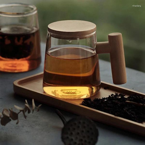 Verres à vin, tasse en verre de style japonais, séparation thé-eau, maison, bureau, brassage résistant à la chaleur, couvercle en bois, marque