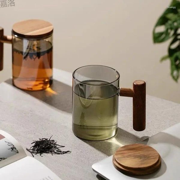 Copas de vinos mango de madera japonesa vaso de vaso de taza con tapa té personal alto borosilicato de temperatura resistente a fondo plano