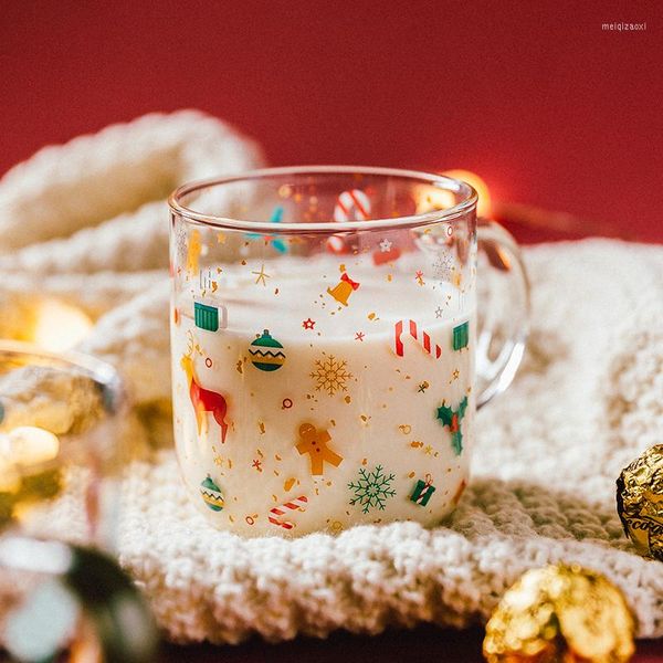 Verres à vin JINYOUJIA Noël Verre Boisson Tasse Elk Forêt Tasse À Café Tasse À Thé Au Lait Avec Poignée Non Inversée Cuisine Fête Drinkware Bière