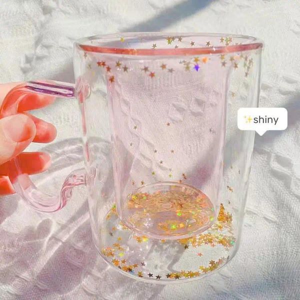 L les verres à vin coréen Ins Girl Heart kawaii tasses Bubble Star Sky Sequin Double Mur Verre Coffee tasse de café