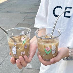 Wijnglazen Koreaans loodvrije glazen beker Leuke cartoon tulpen koffiemok Home Cafe Cold Brew Breakfast Milk Cups Drink 300 ml
