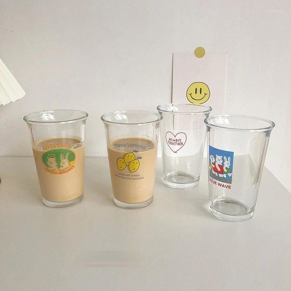 Copas de vino Taza de vidrio de estilo coreano Dibujos animados creativos Leche Café 350 ml Jugo Desayuno Botella de agua Beber