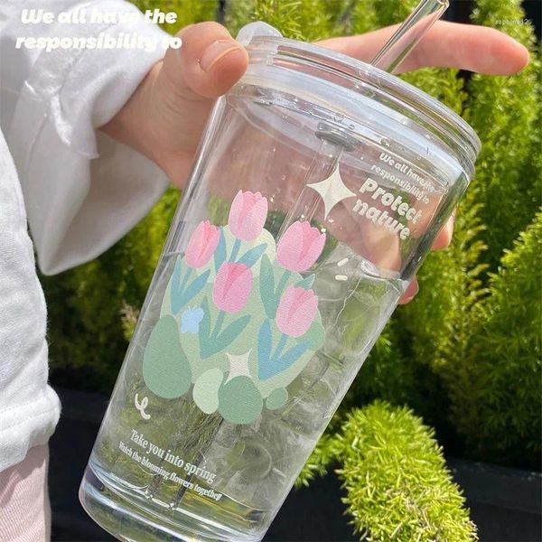Verres à vin tasse de tulipe coréenne avec couvercle en verre portable paille de paille de bois froid jus de lait de lait