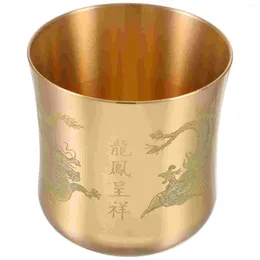 Casas de vinos Kungfu Copa de té japonesa Título del inglés: Gold Brass Chalice Tibetan Agua Oferta de tazón Dragon Phoenix Patrón sin tallo