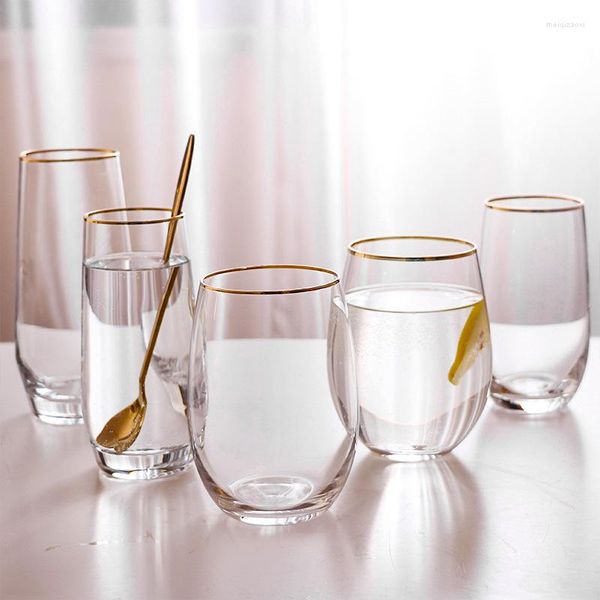 Copas de vino, vasos de cerveza de gran capacidad, vidrio transparente con borde dorado, cristal sin plomo, taza de leche de agua con fondo grueso