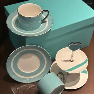 Copas de vino, juego de soporte para postres y café de cerámica de lujo, taza de té azul de gran capacidad con platillo para taza de desayuno de avena
