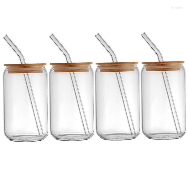 Verres à vin Mason Jar 4 pièces tasses avec couvercle en bambou et paille en verre conception à large bouche Portable pour thé à bulles jus de café glacé
