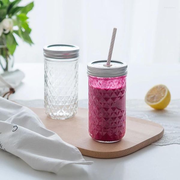 Copas de vino Tazas de tarro de masón con tapa Taza de beber de paja de acero inoxidable Batido de Boba de vidrio reutilizable