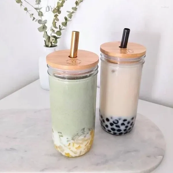 Verres à vin Mason Jar, tasse à boire, verre à thé à bulles avec couvercle en bambou, Smoothie réutilisable, paille en acier inoxydable