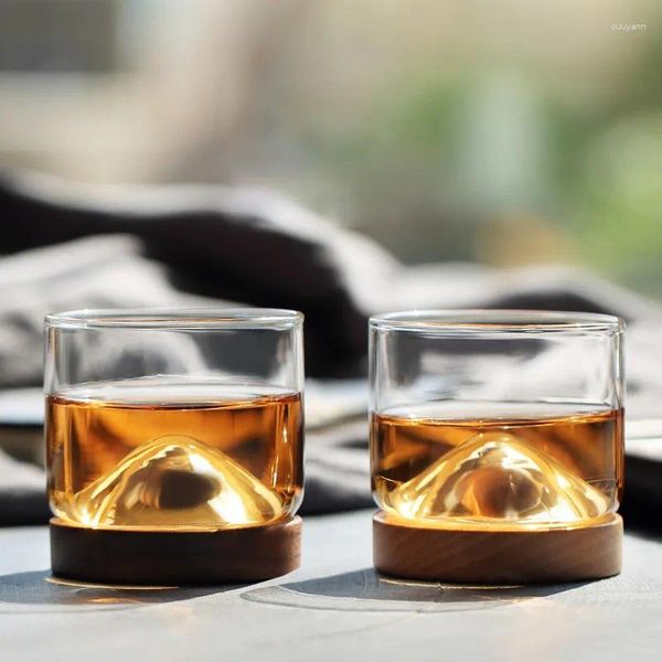 Verres à vin verre à whisky de montagne avec Base en bois, créatif résistant à la chaleur, bière, eau, thé, tasse transparente, verres de Bar