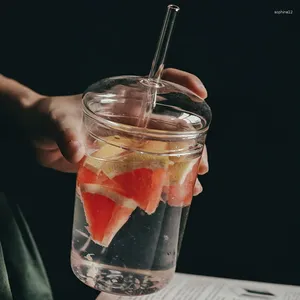 Verres à vin Tasse à café en verre Transparent créatif nordique tasse à eau de lait de thé résistant à la chaleur avec couvercle et paille tasse à thé de bureau vaisselle