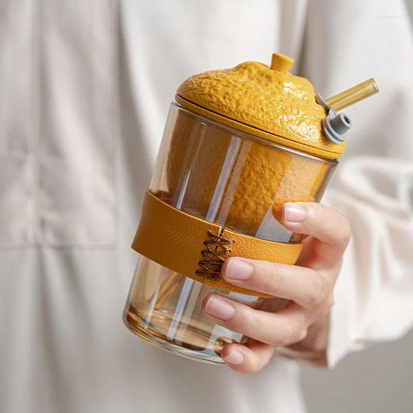 Casas de vino Copa de vidrio naranja té de agua de agua de paja portátil con tazas de té de consultorio de filtro tazas amarillas bebiendo