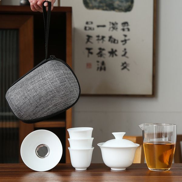 Copas de vino Servicio de porcelana Gaiwan Tazas de té Taza de ceremonia Tetera China Portátil Kung Fu Juego de viaje Taza de té de cerámica con filtro 230627