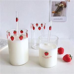 Wine Glasses Portable 1PC 300ml Cute Strawberry Glass Cup With Straw Creative Transparent Water Student Milk Heat Resistant 2#