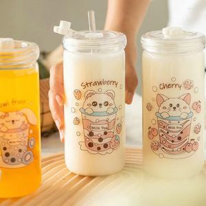 Verres à vin Portable dessin animé fraise Sippy tasse Kawaii bouteille d'eau haute température résistance paille verre étudiants créatif jus tasse