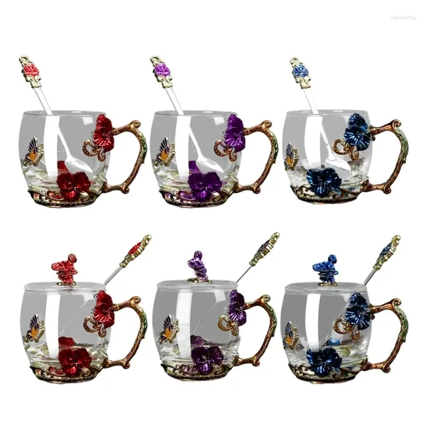 Copas de vino práctica colección de tazas de té de vidrio con adorno de flor de mariposa para bebida