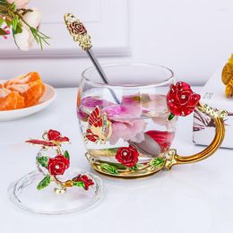 Verres à vin rouge bleu Rose cristal émail verre papillon fleur peint tasses à thé avec cuillère tasse de petit déjeuner