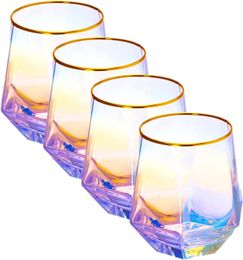 Lot de 4 verres à vin sans pied en diamant – Verrerie irisée avec bord doré, pour spiritueux, cocktails, whisky, bourbon ou verres à boire