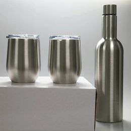 Wijntumbler Set twee zilveren 12oz Tumblers-bril met deksels één 25oz Wines Flessenvacuüm geïsoleerd 304 roestvrij staal kan aangepast