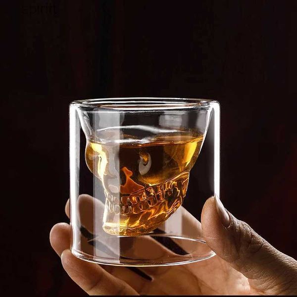 Verres à vin Tasse de Crâne Double Couche Tête de Crâne Transparente Tasse à Café Tasse en Verre de Cristal pour la Maison Bar Club Whisky Vin Vodka et Bière Vin YQ240105