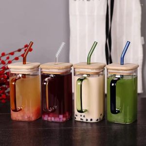 Verres à vin Tasse de paille 400ML carré créatif tasse de jus de mode moderne avec poignée bambou monocouche verre tasse de lait couvercle boisson froide