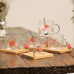 Verres à vin, verre à fraises, tasse à café, plat avec cuillère, fruits créatifs, tapis en bambou à haute teneur en Borosilicate, cadeau pour étudiant, lait