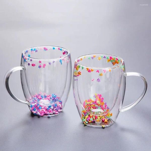 Copas de vino, tazas para bebidas de té, taza de desayuno, taza de café, vaso transparente de doble pared con rellenos de brillos de estrellas