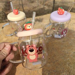 Verres à vin en trois dimensions poupées étudiantes tasse d'eau à la fraise ours borosilicate lait lait café silicone boucle couverture de paille poignée