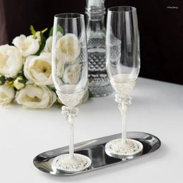 Wijnglazen Roosteren Champagne Fluiten Paar Kristal Bezaaid Met Glanzende Parels Diamant Voor Bruid En Bruidegom Engagement Huwelijkscadeau