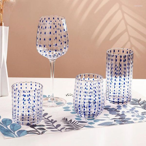 Copas de vino transparentes con puntos azules y rojos, tazas de café con lunares para el hogar, tazas geométricas, regalos, whisky y champán