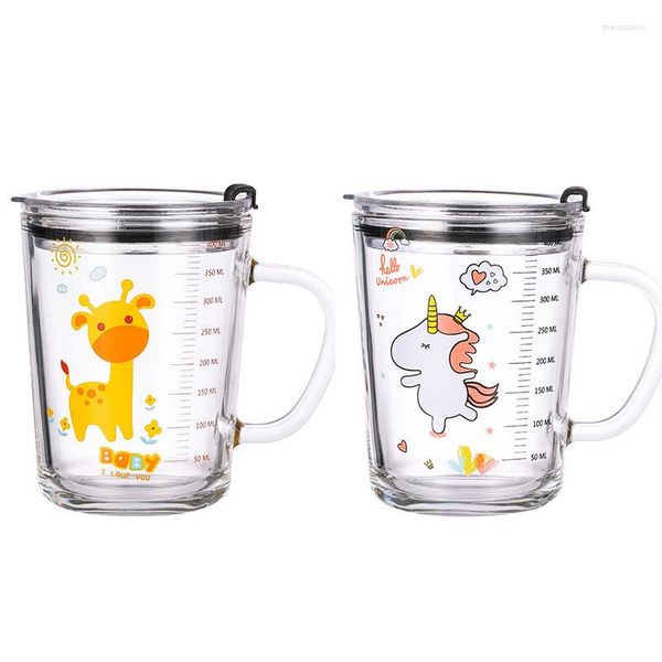 Copas de vino taza de calibración transparente con juego de bebidas tapa linda taza de dibujos animados para leche para leche jugo de arena para hielo bebidas niños
