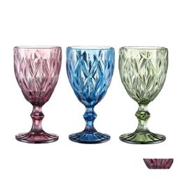 Wijnglazen Ups 10Oz Gekleurde Glazen Goblet Met Steel 300Ml Vintage Patroon Reliëf Romantisch Drinkgerei Voor Feest Bruiloft Drop Delive Dhvgr