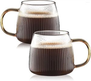 Wijnglazen Vintage Glazen Koffiemokken Met Geel Handvat Geribbeld Drinken Heldere Theekopjes Borosilicaat Cup-14OZ-2Packs