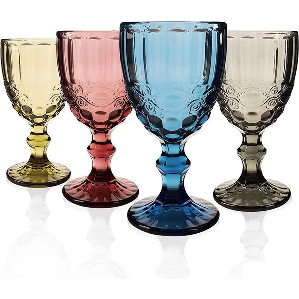 Verres à vin Gobelets en verre vintage Embossed Stemmed Assorted Color Drinking For Water Juice Beverage 064522 Drop Delivery Home Gar Dh5Ue