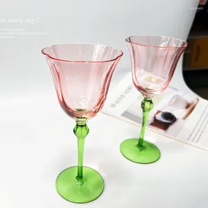 Wijnglazen vintage goblet 320 ml elegante roze bloemstijl groene stam tweekleurige glazen champagne beker