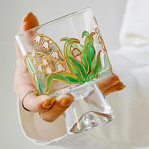 Copas de vino Vintage con estampado de flores de tulipán, vaso de cristal con patas altas, whisky transparente, regalo de cumpleaños, artesanías de café