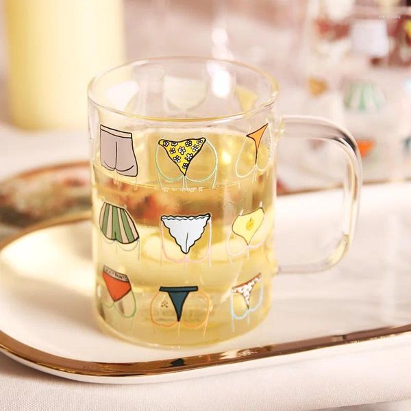 Cabezas de vino pantalones cortos creativos de papel impreso taza de agua de vidrio con mango de mango Té que hace café resistente al calor