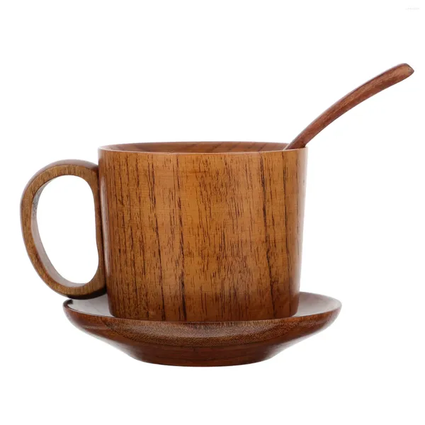 Juego de tazas de té de madera con copas de vino, incluye platillo de café y cuchara, taza de madera para café con leche, capuchino, marrón chocolate