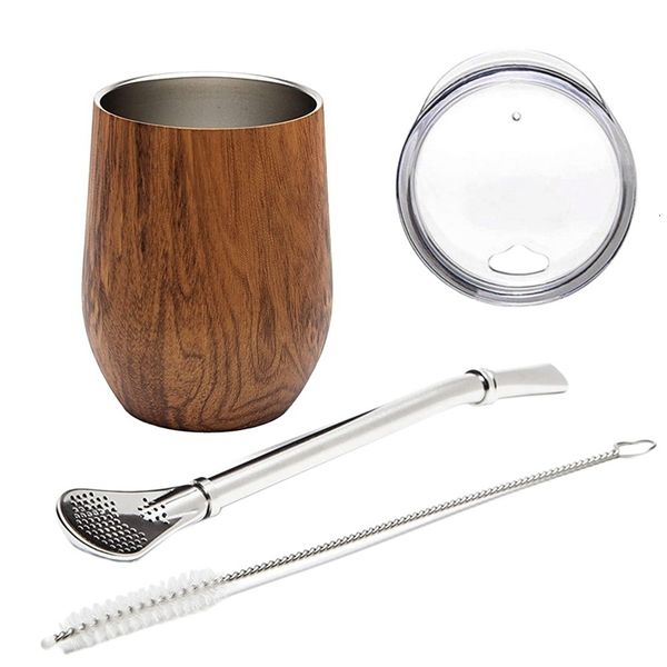 Verres à vin Yerba Mate Gourde Ensemble de tasses à thé 12 oz Double paroi Inox Café Eau avec couvercle 1 Bombillas Pailles Filtre Cuillère Brosse 230508