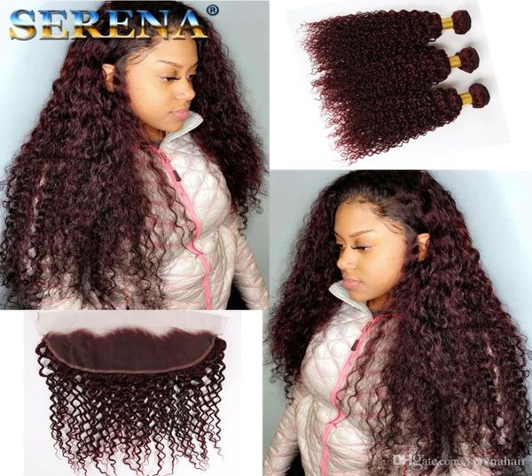 Paquetes de pelo rizado rizado rojo vino 99J con frontal Buena calidad Borgoña 99J Extensión de cabello virgen brasileño Afro rizado rizado Hai5398846