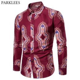 Vin rouge Chemise africaine hommes mode africaine Dashiki imprimer hommes chemises habillées Slim Fit Chemise à manches longues mâle Chemise Homme 210524