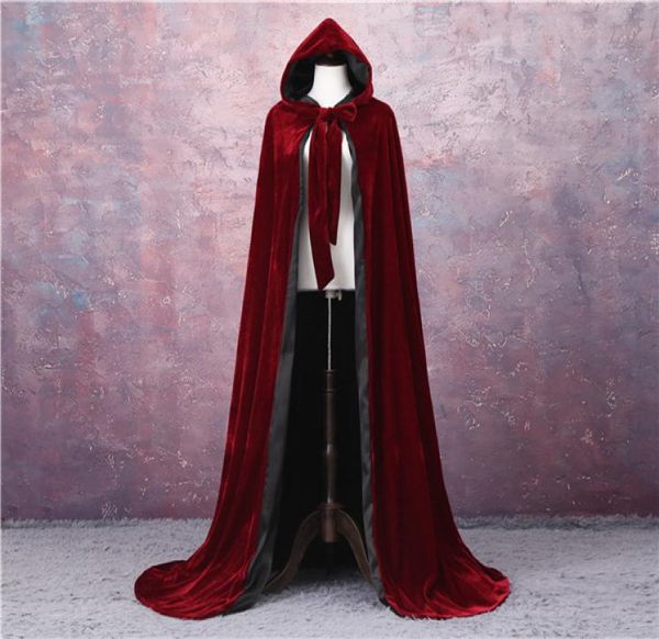 Capa con capucha de terciopelo negro rojo vino Capa de boda Halloween Wicca Robe Coat S6XL Capa con capucha de terciopelo medieval de Navidad Wicca Witch9891117