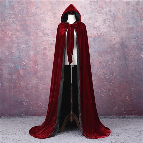 Vin Rouge Noir Velours À Capuche Cape De Mariage Cape Halloween Wicca Robe Manteau S-6XL Noël Médiéval Velours À Capuche Cape Wicca Witch237J