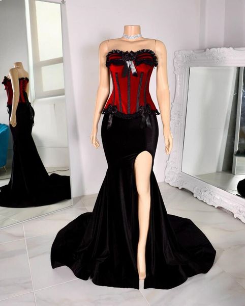 Vin rouge noir velours victorien sirène soirée robes formelles chérie corset lacet-up steampunk gothique de bal gown high slit