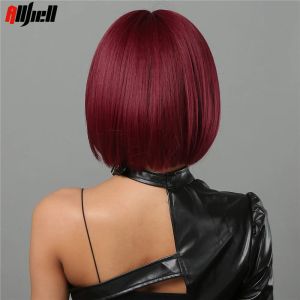 Wine Red Bob Hair Cosplay Halloween Synthetic Natural Wigs for Women Short Ringue Perruque avec une frange à haute température Utilisation quotidienne