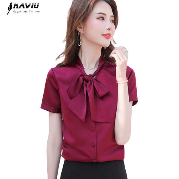 Chemise en mousseline de soie rouge vin Femmes Fashion Design Summer Bow Tie Blouses à manches courtes Bureau Dames Travail Tops 210604