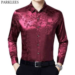 Vin rouge Floral soie Satin chemise hommes élégant fleur Jacquard hommes chemises habillées Slim Fit décontracté bouton vers le bas Chemise Chemise 210522