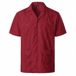 vin rouge quatre poches cubain guayabera chemise hommes à manches courtes camp col chemise mâle brodé cigare mexicain mariage plage chemise c55N #