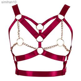 Vino rojo Arnés Sujetador Top Punk Cadena gótica Oro Lencería sexy Cinturones Tirantes Pecho Jaula Mujeres Bondage corporal Tallas grandes Hollow Out L230518