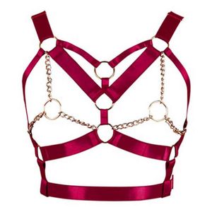 Wijn rood harnas bh top punk gothic chain gouden sexy lingerie riemen strappy borst kooi vrouwen body bondage plus size uitgehold